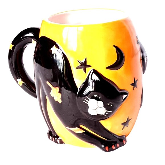 Black Cat Ceramic Mug With Halloween Stars & Moon Design - Picture 3 of 8